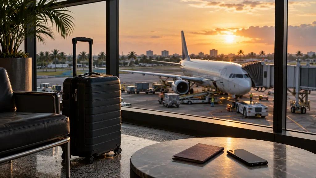 View from an airport terminal towards the aircraft and runway at sunset