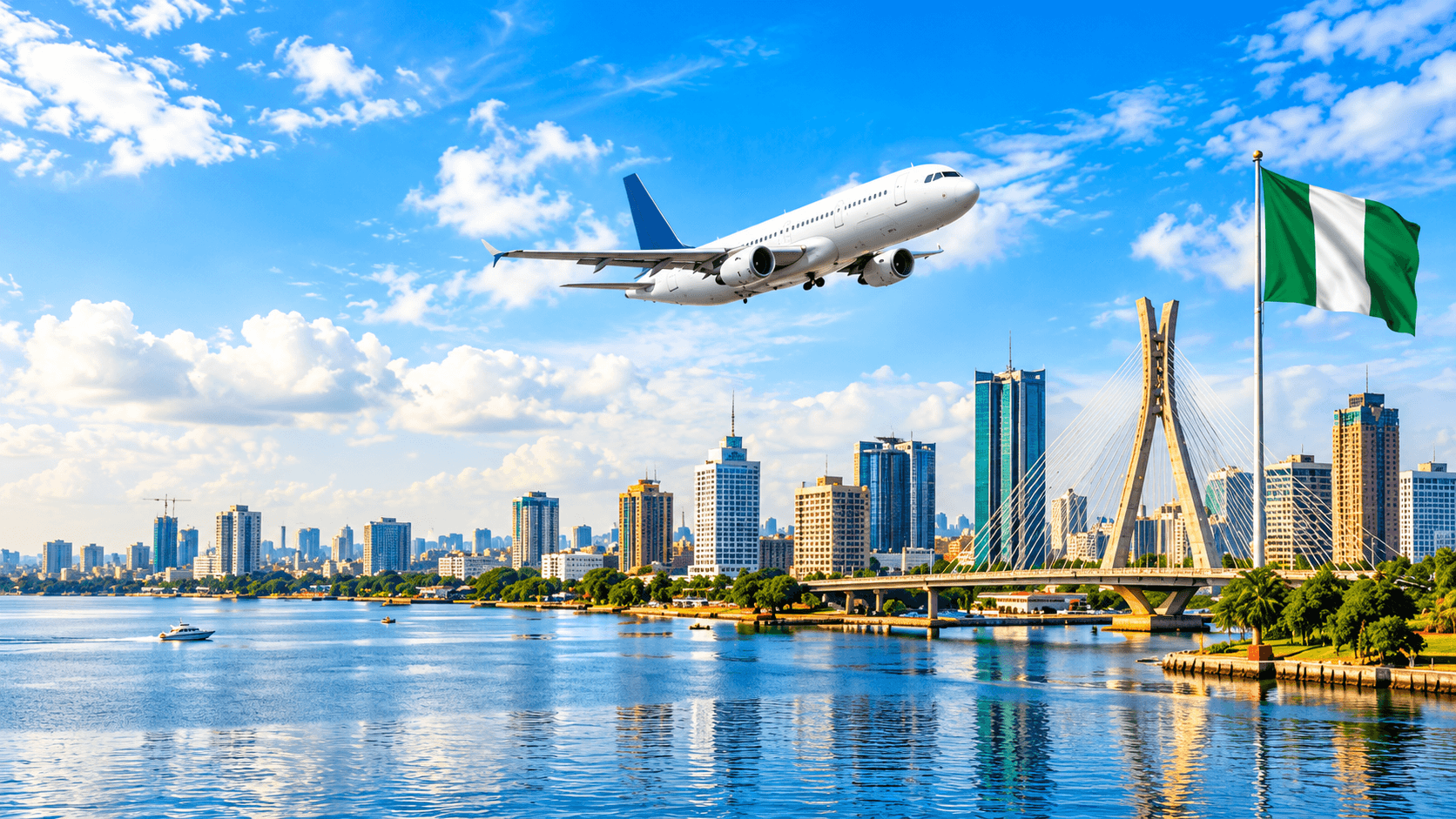 Aircraft approaching Lagos skyline with Nigerian flag