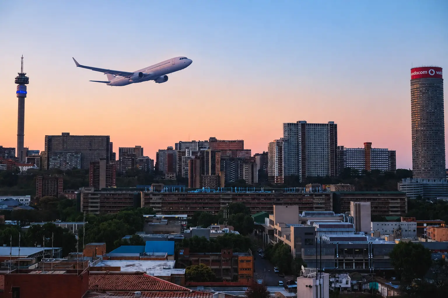 Johannesburg city skyline, destination for flights from the UK