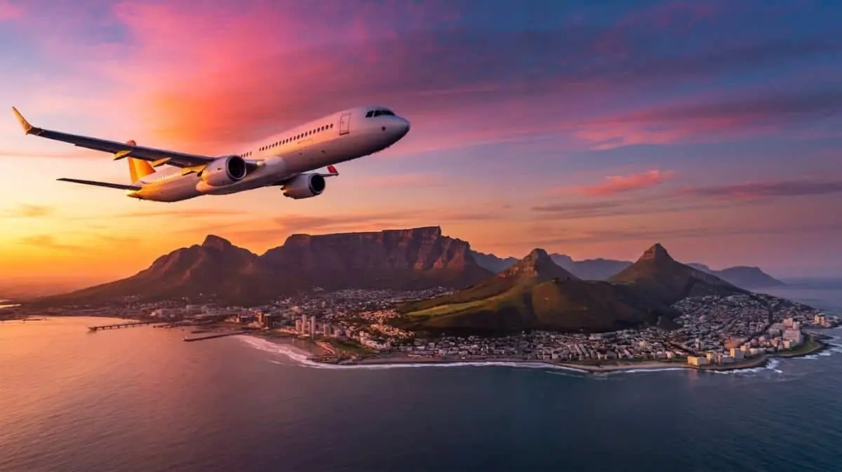 Aerial view of Cape Town coastline, a popular destination for flights to South Africa